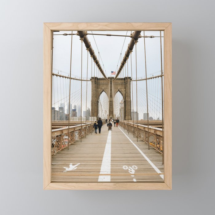 Brooklyn Bridge in New York City, USA | View on downtown from the bridge | Travel photography print | New York people walking | Tipical NY building architecture photo Art Print Framed Mini Art Print