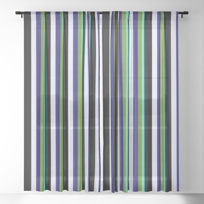 Eye-catching Turquoise, Green, Midnight Blue, Lavender, and Black Colored Striped Pattern Sheer Curtain