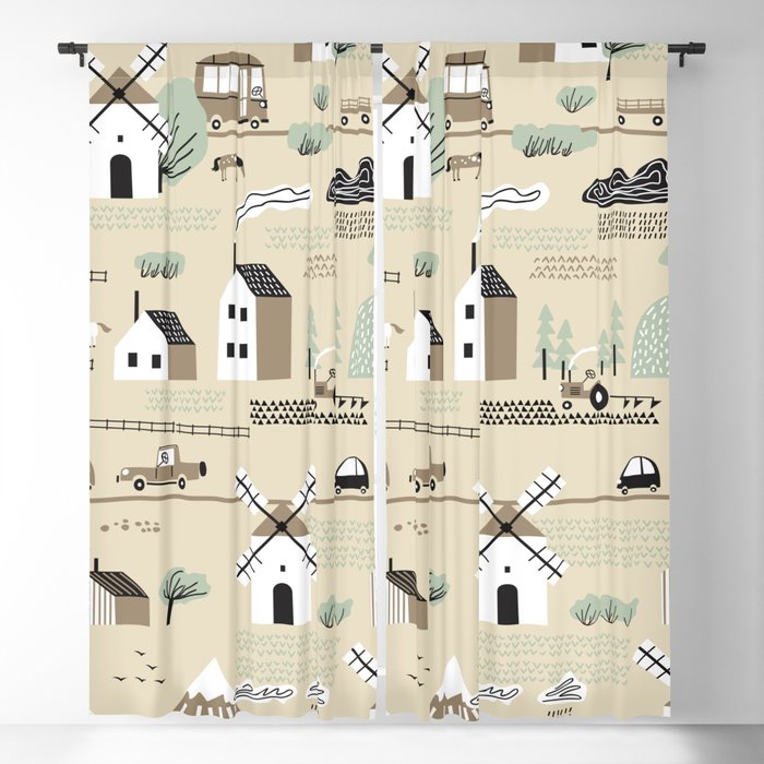 Seamless colorful pattern with house, trees, horses, mills and hills. Nordic nature landscape concept. Seamless landscape.  Blackout Curtain