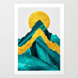Sunrise Mount Everest Art Print | Gold, Graphicdesign, Leaf, Silhouette, Sunrise, Mounteverest, Green, Abstract, Mountain 