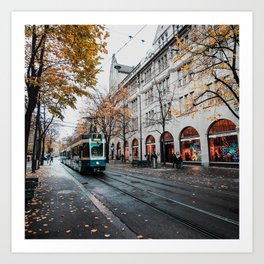 Switzerland Photography - Small Tram Going Through The Swiss City Art Print