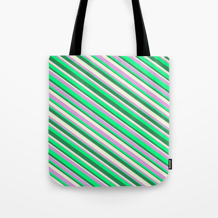Beige, Plum, Green, and Sea Green Colored Striped Pattern Tote Bag