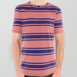 [ Thumbnail: Light Coral and Midnight Blue Colored Striped/Lined Pattern All Over Graphic Tee ]