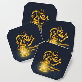 Ramadan Kareem in Golden Arabic Calligraphy with Luminous Lantern On The Geometry Floor Coaster