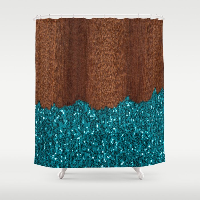 Aqua Blue Sparkles Glitter Rustic Brown Wood Shower Curtain By Pldesign Society6