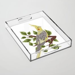 cockatoo nymph bird on branch with green leaves Acrylic Tray