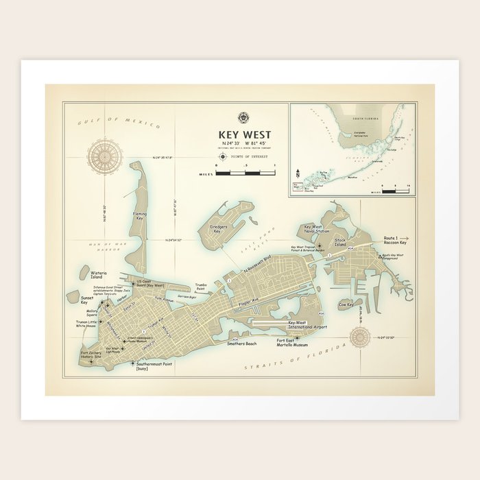 Key West [vintage inspired] Area Map Art Print by Kokua Design Company ...