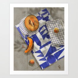 Mediterranean breakfast  Art Print | Curated, Watercolour, Art, Melon, Oranges, Drawing, Mediterranean, Fresh, Naturemort, Illustrationfruits 