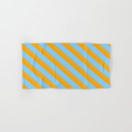 [ Thumbnail: Orange & Light Sky Blue Colored Striped/Lined Pattern Hand & Bath Towel ]