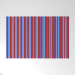 [ Thumbnail: Cornflower Blue & Red Colored Lines/Stripes Pattern Welcome Mat ]