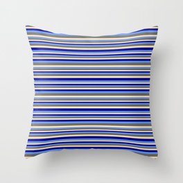 [ Thumbnail: Beige, Dark Blue, Cornflower Blue, and Dim Gray Colored Stripes Pattern Throw Pillow ]