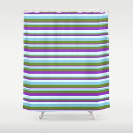 [ Thumbnail: Sky Blue, Green, Dark Orchid, and Light Cyan Colored Striped Pattern Shower Curtain ]