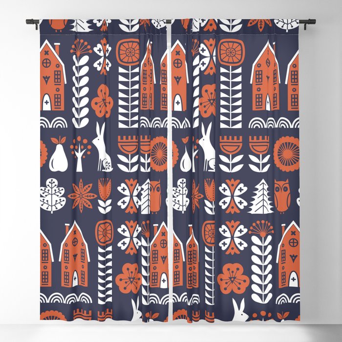 Scandinavian folk art seamless vintage pattern with orange and white flowers, trees, rabbit, owl, houses with decorative elements and rural scenery in simple style Blackout Curtain