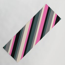 [ Thumbnail: Eye-catching Dark Slate Gray, Grey, Beige, Hot Pink, and Black Colored Lined/Striped Pattern Yoga Mat ]