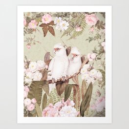 Cockatoos In Vintage Rose Jungle  Art Print