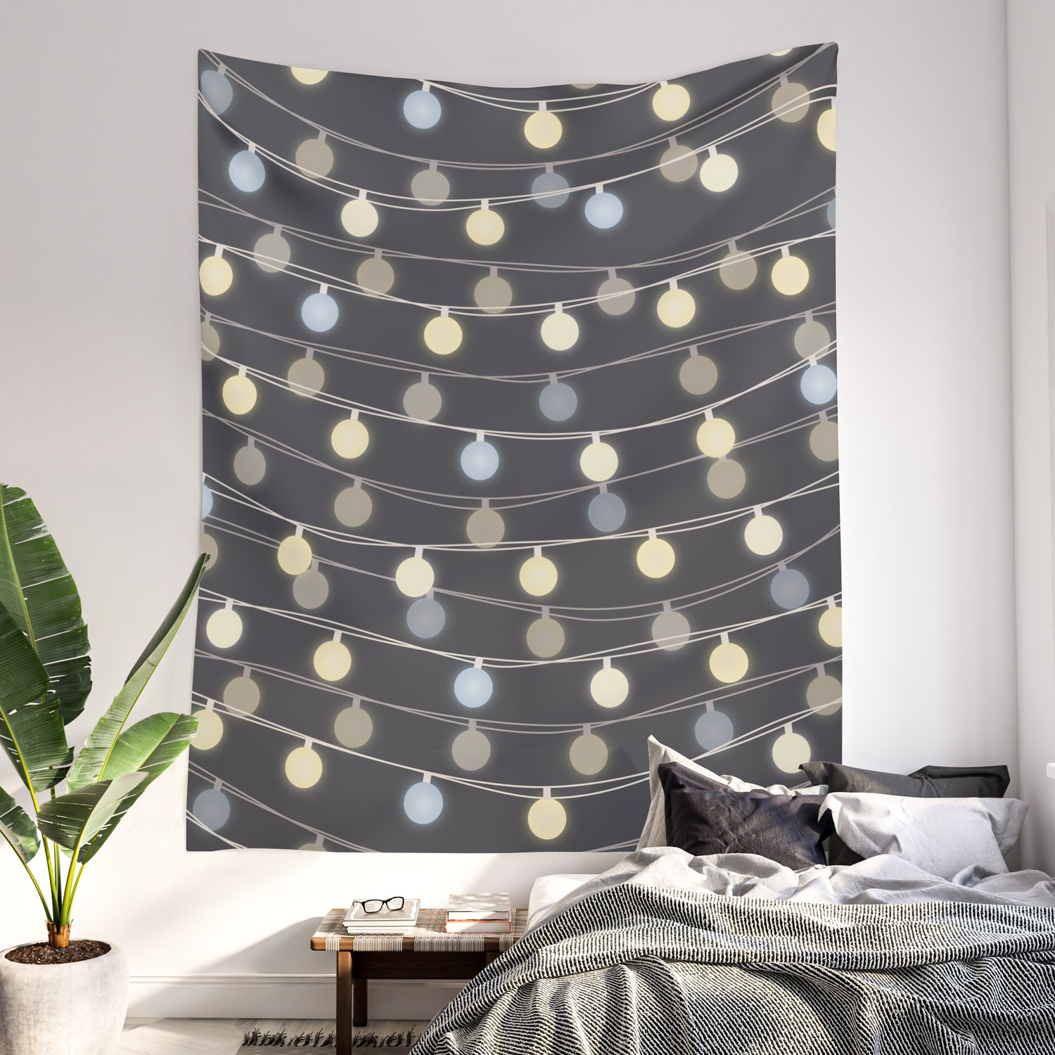 tapestry and fairy lights