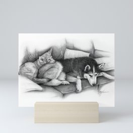 Husky and Wolf Pup Chilling Mini Art Print