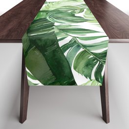 Green leaf watercolor pattern Table Runner