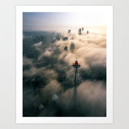 Aerial Photo Above Seattle Space Needle in the Early Morning Fog Art Print