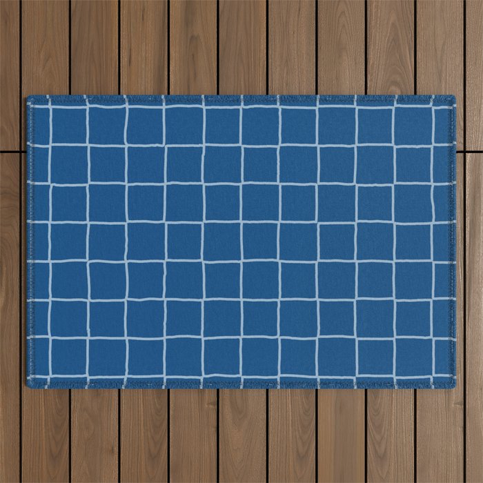 Navy Blue Checkered Tiles Outdoor Rug