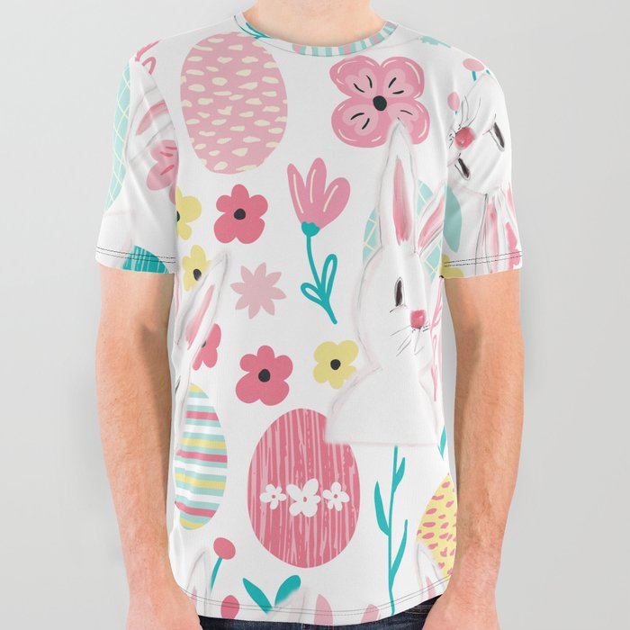 Easter Bunny And Eggs Floral Pattern  All Over Graphic Tee
