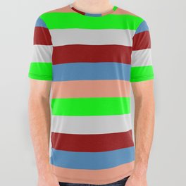 [ Thumbnail: Eye-catching Dark Salmon, Lime, Light Gray, Dark Red, and Blue Colored Lined Pattern All Over Graphic Tee ]