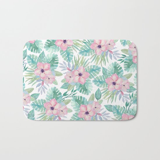 Blush pink green modern watercolor tropical floral Bath Mat
