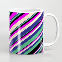 [ Thumbnail: Eyecatching Fuchsia, Bisque, Midnight Blue, Sea Green & Black Colored Lines/Stripes Pattern Coffee Mug ]