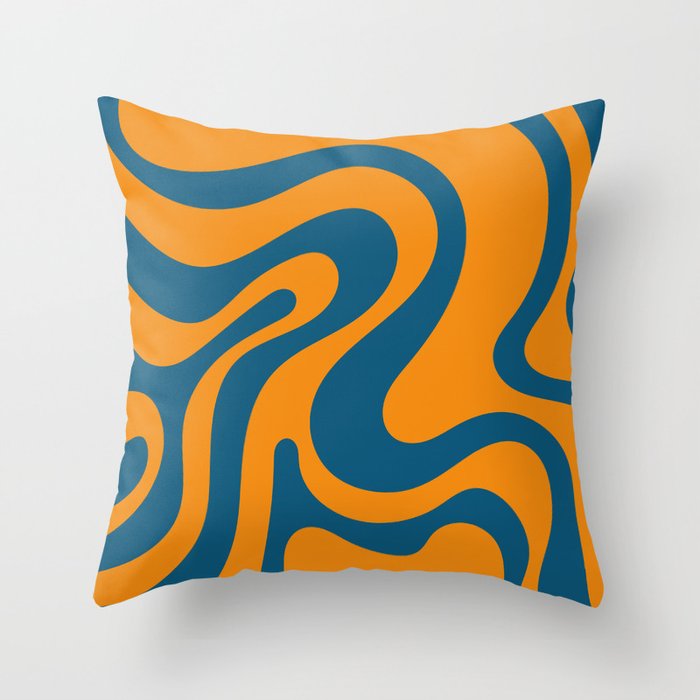 Retro Groovy Swirl Liquid Art - Orange & Blue Throw Pillow