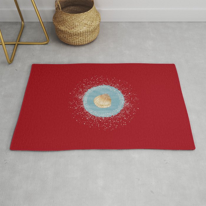 Watercolor Seashell and Blue Circle on Red Rug