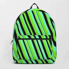[ Thumbnail: Aquamarine, Green & Black Colored Lines/Stripes Pattern Backpack ]