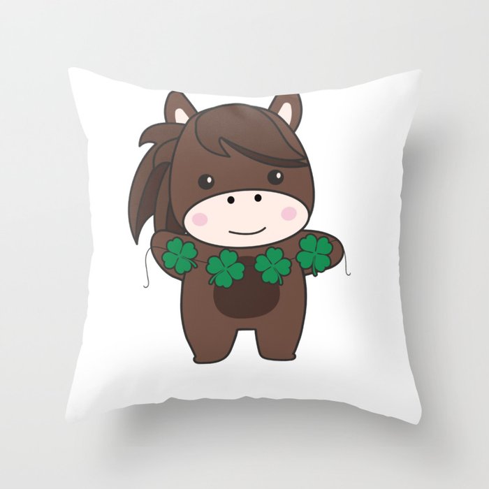 Horse With Shamrocks Cute Animals For Luck Throw Pillow