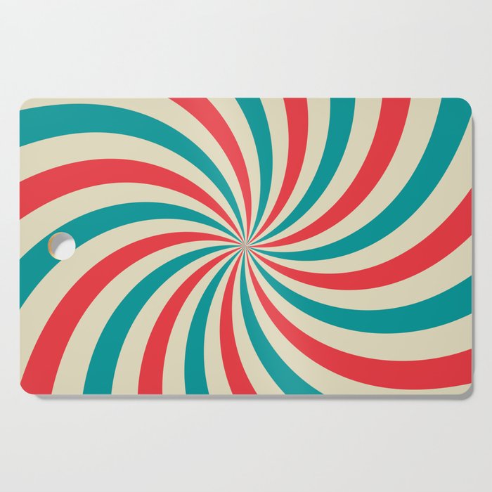 Retro background with curved, rays or stripes in the center. Rotating, spiral stripes. Sunburst or sun burst retro background. Turquoise and red colors. Vintage illustration Cutting Board