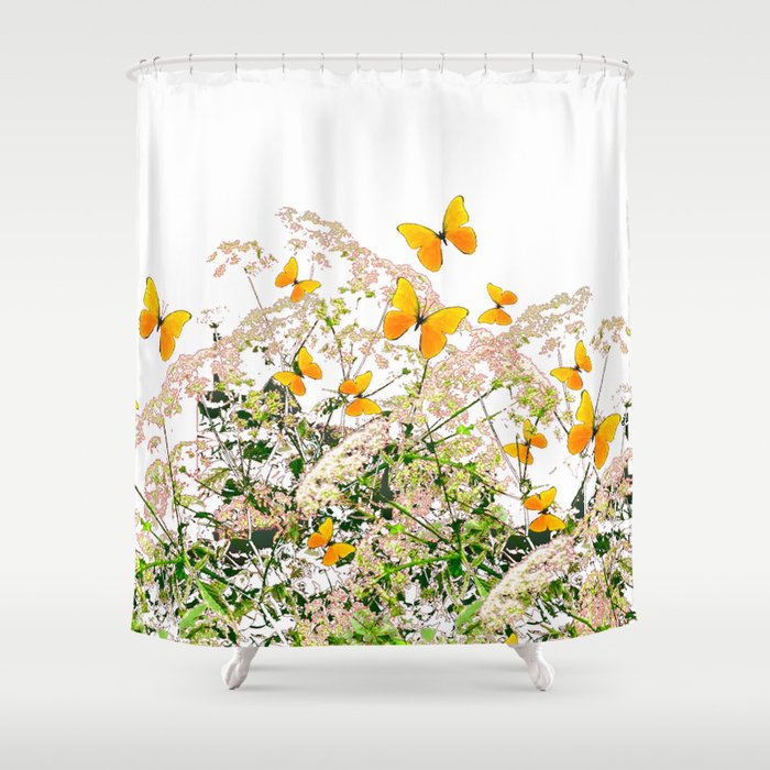 WHITE ART GARDEN ART OF YELLOW BUTTERFLIES Shower Curtain