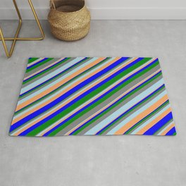 [ Thumbnail: Colorful Blue, Green, Grey, Light Blue, and Brown Colored Stripes Pattern Rug ]