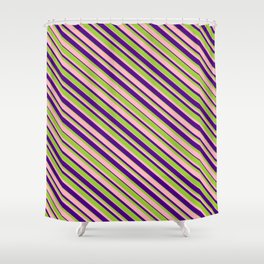 [ Thumbnail: Green, Light Pink & Indigo Colored Striped Pattern Shower Curtain ]