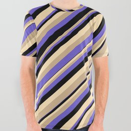 [ Thumbnail: Tan, Slate Blue, Black, and Beige Colored Stripes/Lines Pattern All Over Graphic Tee ]