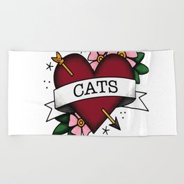 I Love Cats and Tattoos Sailor Jerry Style Tattoo Heart Beach Towel