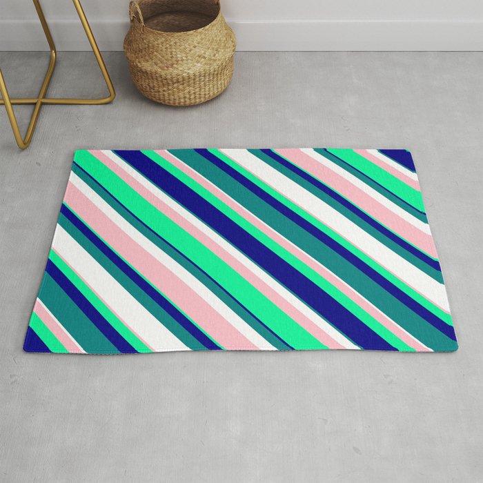 Vibrant Pink, Green, Blue, Teal, and White Colored Striped/Lined Pattern Rug