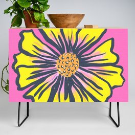 Mid-Century Modern Spring Daisy Flower Hot Pink And Yellow Credenza