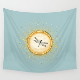 Sketched Dragonfly Gold Circle Pendant on Sage Blue Green Wall Tapestry
