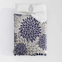 Abstract, Floral Prints, Navy Blue and Grey Duvet Cover