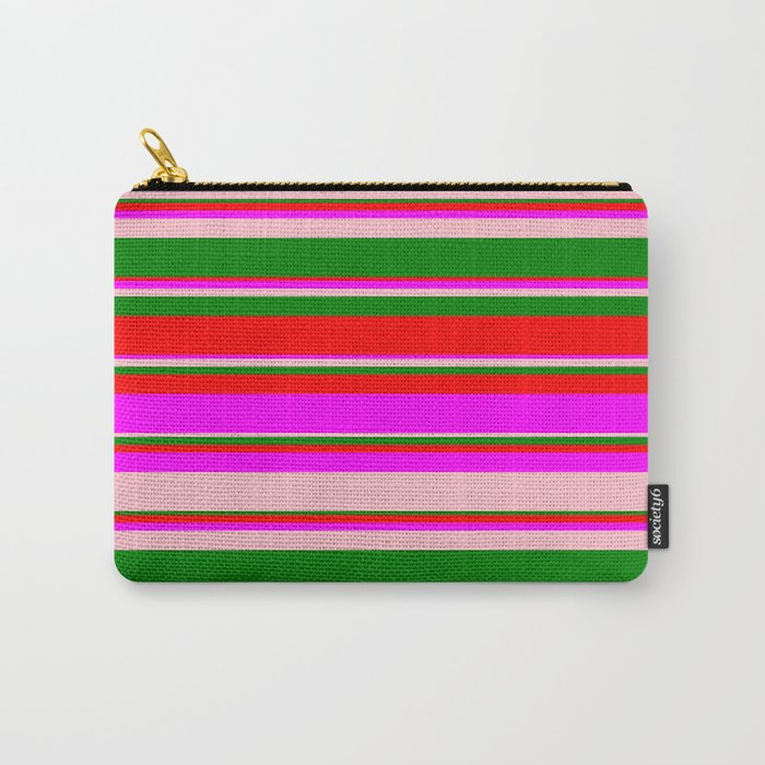 Green, Red, Fuchsia, and Pink Colored Lined/Striped Pattern Carry-All Pouch