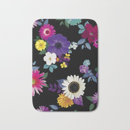 Bright flowers on a black background Bath Mat