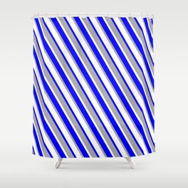 [ Thumbnail: Blue, Dark Grey & White Colored Stripes Pattern Shower Curtain ]