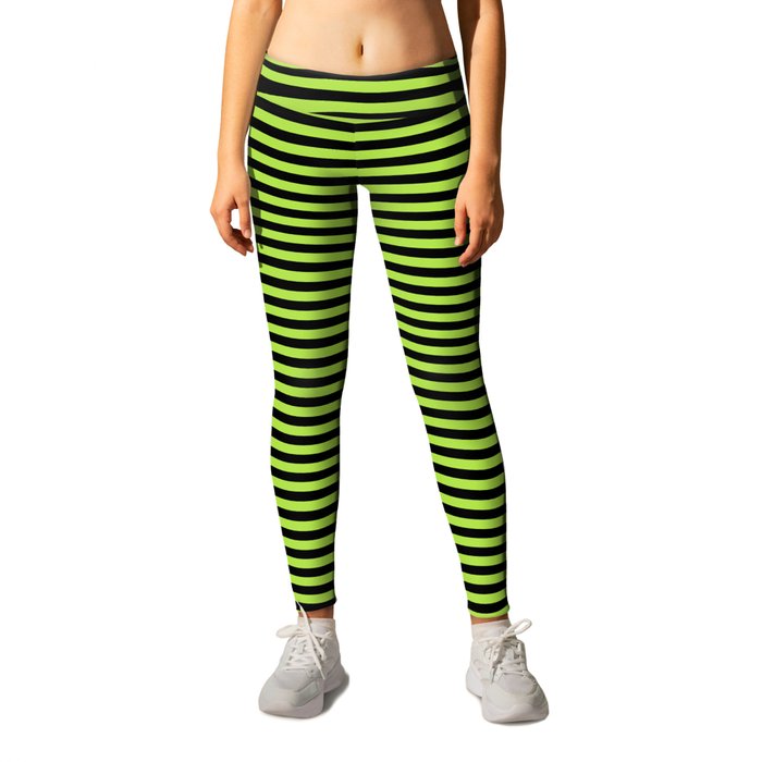 Lime Green and Black Stripes Leggings by Abstract Color
