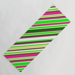 [ Thumbnail: Eye-catching Deep Pink, White, Lime, Tan & Dark Green Colored Lined/Striped Pattern Yoga Mat ]