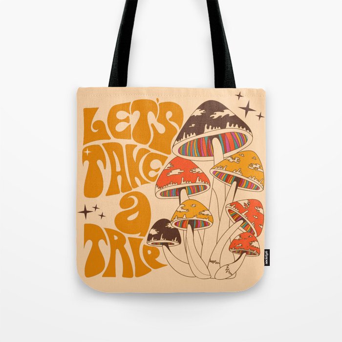 70s Mushroom, Take A Trip, Hippie Boho Tote Bag