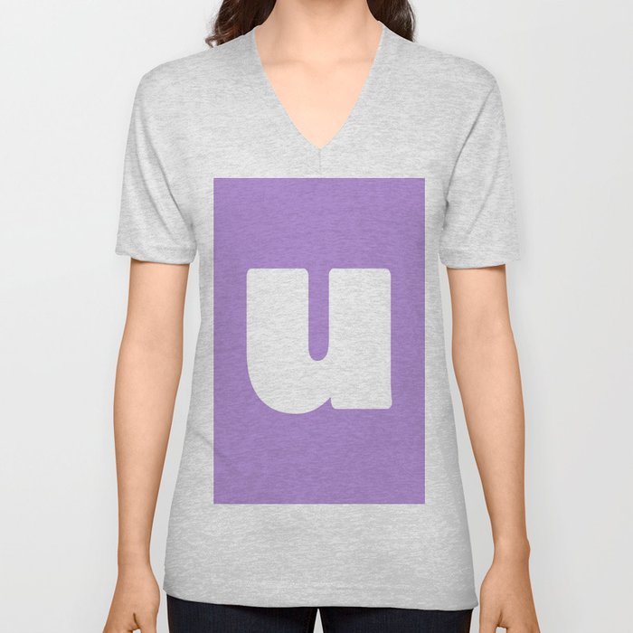 u (White & Lavender Letter) V Neck T Shirt
