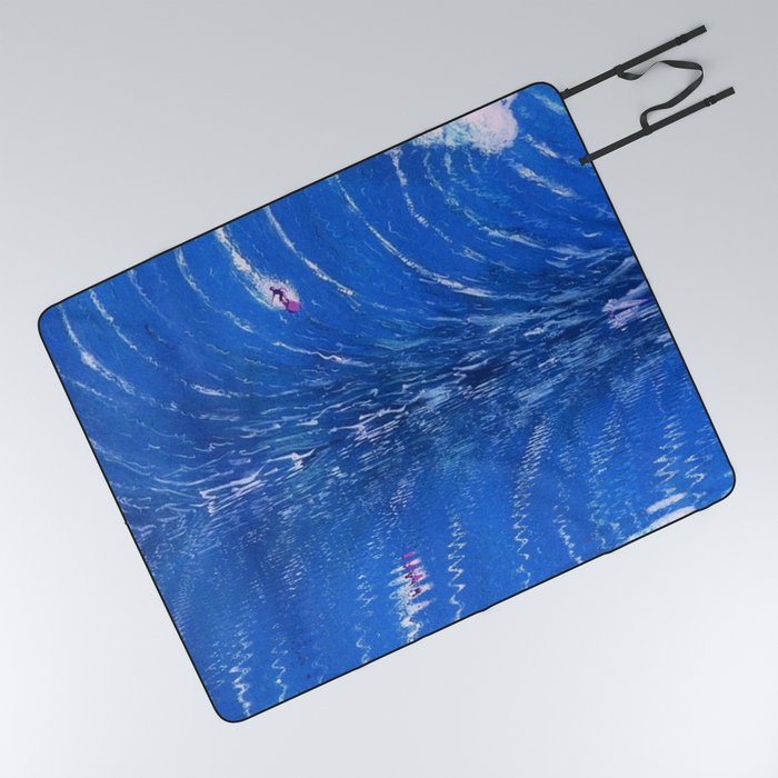 Extreme surfing pipeline wave with mirrored reflection oregon, hawaii, florida, portugal, nazare, honolulu surfer landsccape painting in ocean blue Picnic Blanket